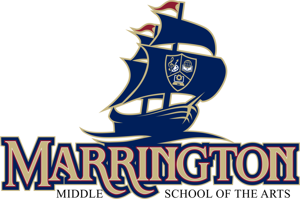 A logo with a blue ship and a shield. The word "MARRINGTON" appears below in red and yellow.