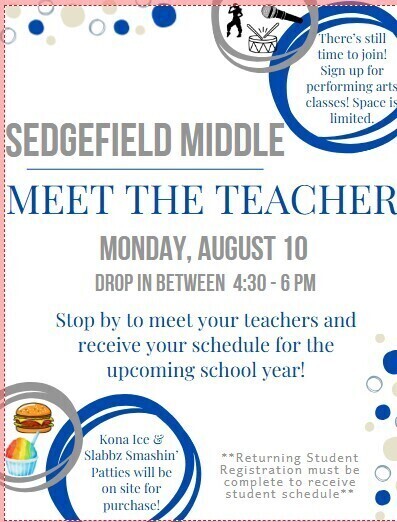 A flyer announces "Meet the Teacher" for Sedgefield Middle. Details include a date, time, and activities. Blue and white colors, along with icons.