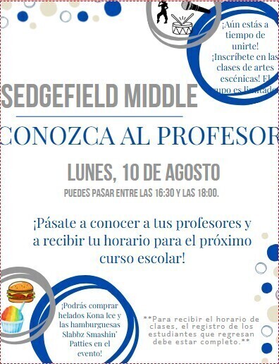 An informational poster for Sedgefield Middle School. It features a blue and white design with icons of food and a microphone. Text invites parents to meet teachers on August 10.