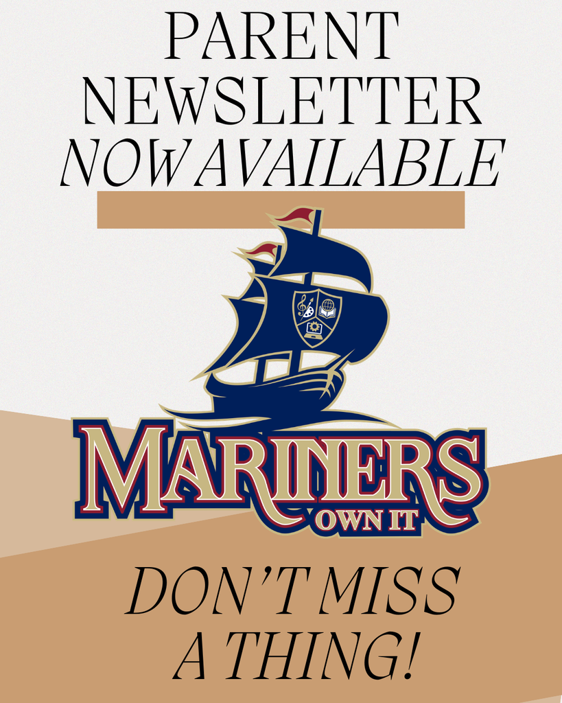 A white, beige, and blue graphic advertises the availability of a newsletter. It displays a logo for Mariners.