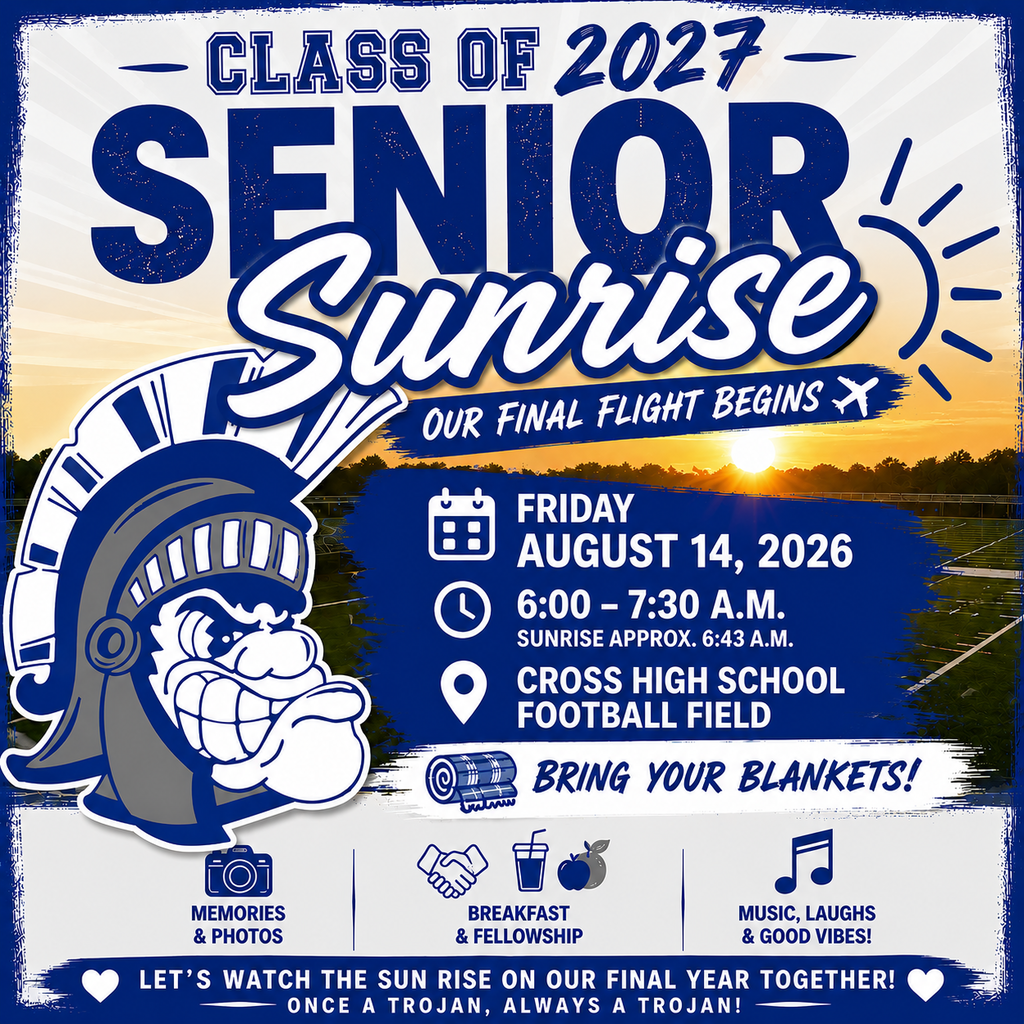 Event poster with sunset background. Blue helmet and logo. Details for Senior Sunrise event.