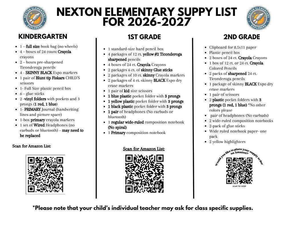 A supply list for the 2026-2027 school year for Nexton Elementary School is shown with categories for Kindergarten, 1st Grade, and 2nd Grade.