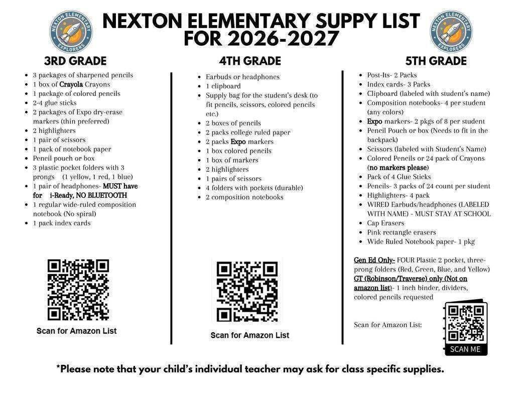 Document with headings "Nexton Elementary Supply List for 2026-2027" and lists of supplies for 3rd, 4th, and 5th graders.