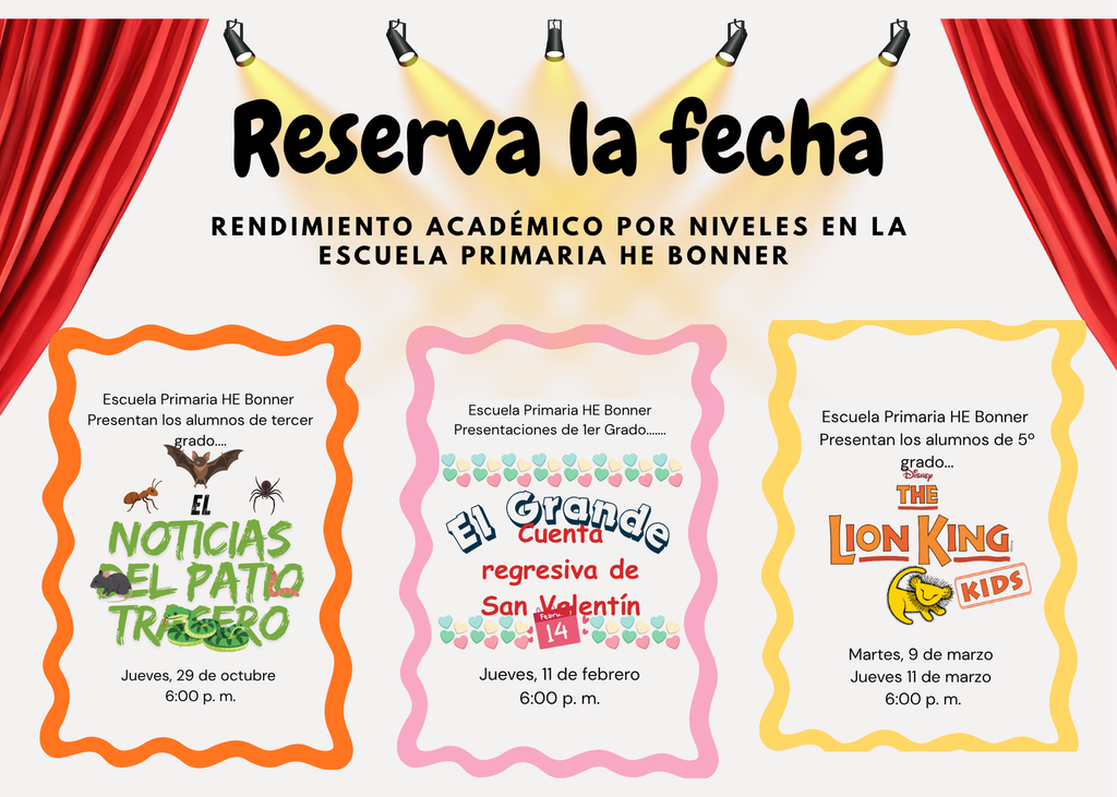 Red backdrop with four event cards. Each card has a title, date, and image. Titles are "Noticias del Patio Trajero", "El Grande regreso de San Valentín", "The Lion King", and "Kids".