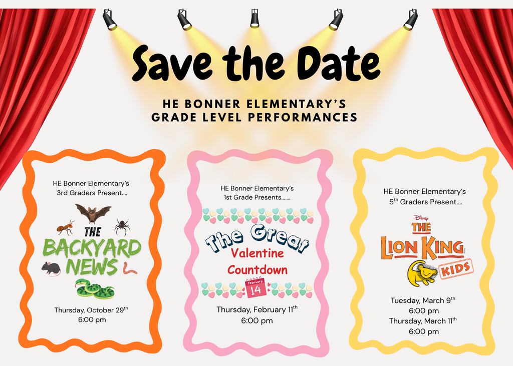 Three colorful event posters with red curtains and spotlights. Titles are "The Backyard News", "The Great Valentine Countdown", and "The Lion King Kids".