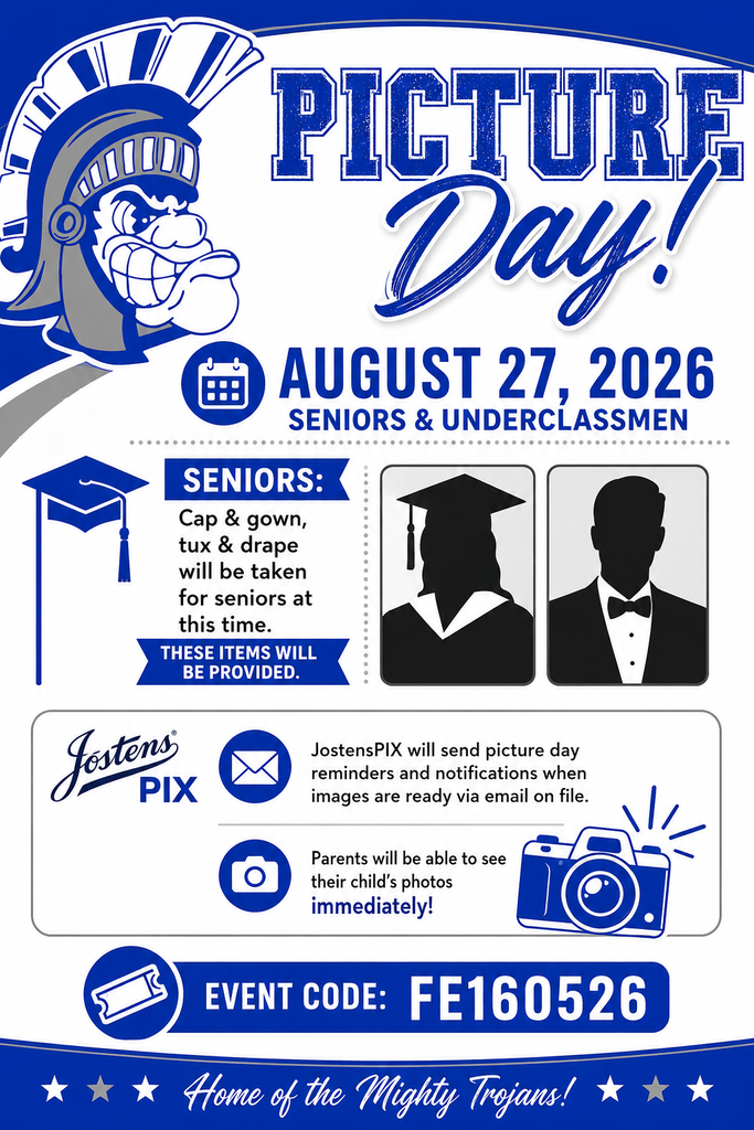 Blue and white flyer with "PICTURE Day!" in large letters. Details include event date, dress code, and process for image delivery.