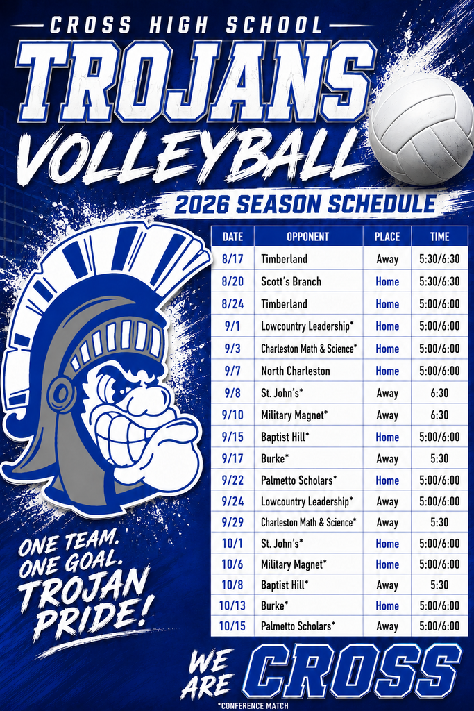 A sports schedule poster for Cross High School's 2026 volleyball team. The poster includes dates, opponents, location, and time.