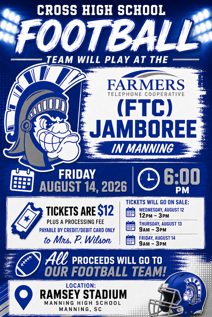 An advertisement for Cross High School's football team playing at the Farmers Telephone Cooperative Jamboree in Manning on August 14, 2026, at 6 PM.