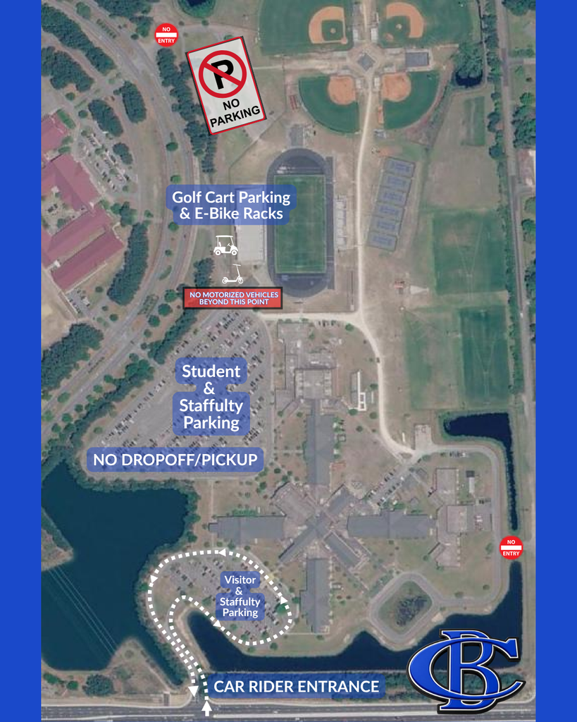 Campus Map showing CBHS car rider entrance, parking areas, golf cart and e-bike parking, and restricted traffic areas. 