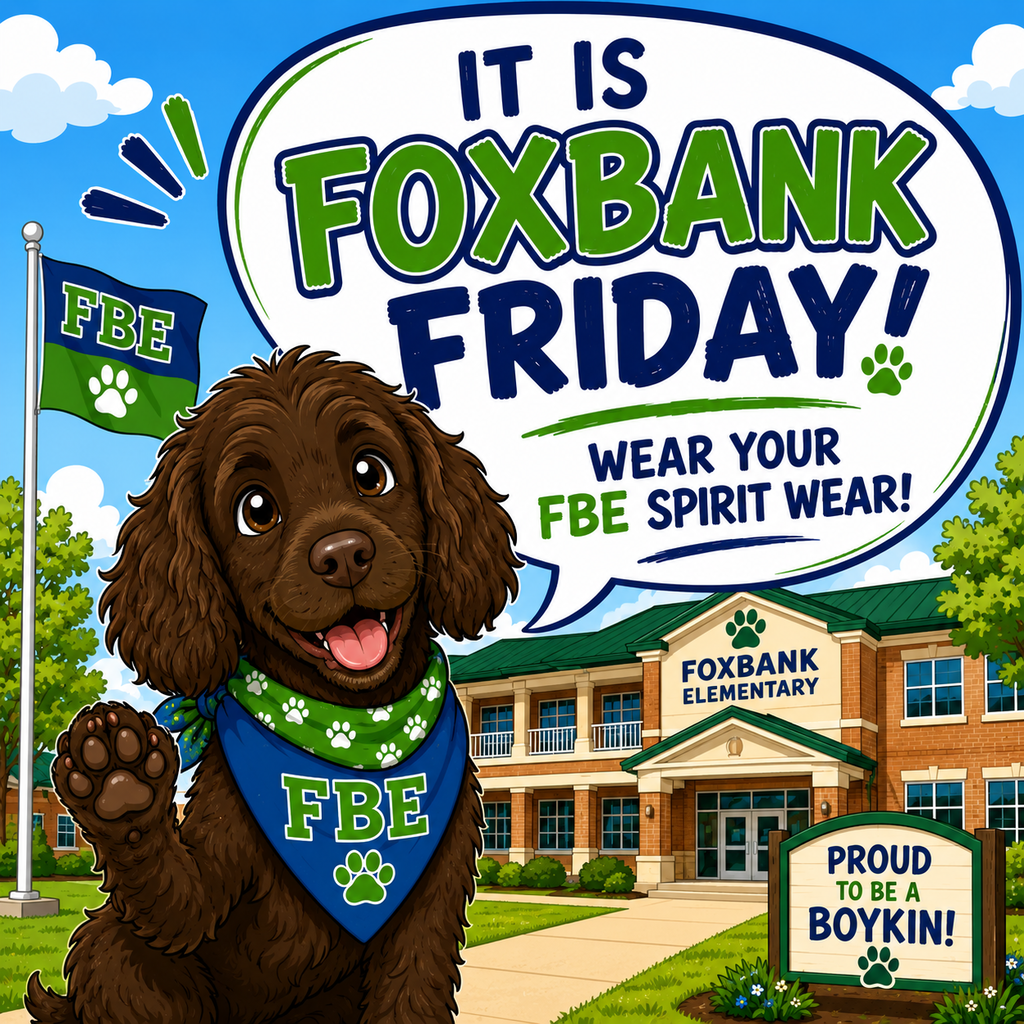 Cartoon dog in a school setting. Green Foxbank Elementary sign and banner. "It is Foxbank Friday! Wear Your FBE Spirit Wear!"
