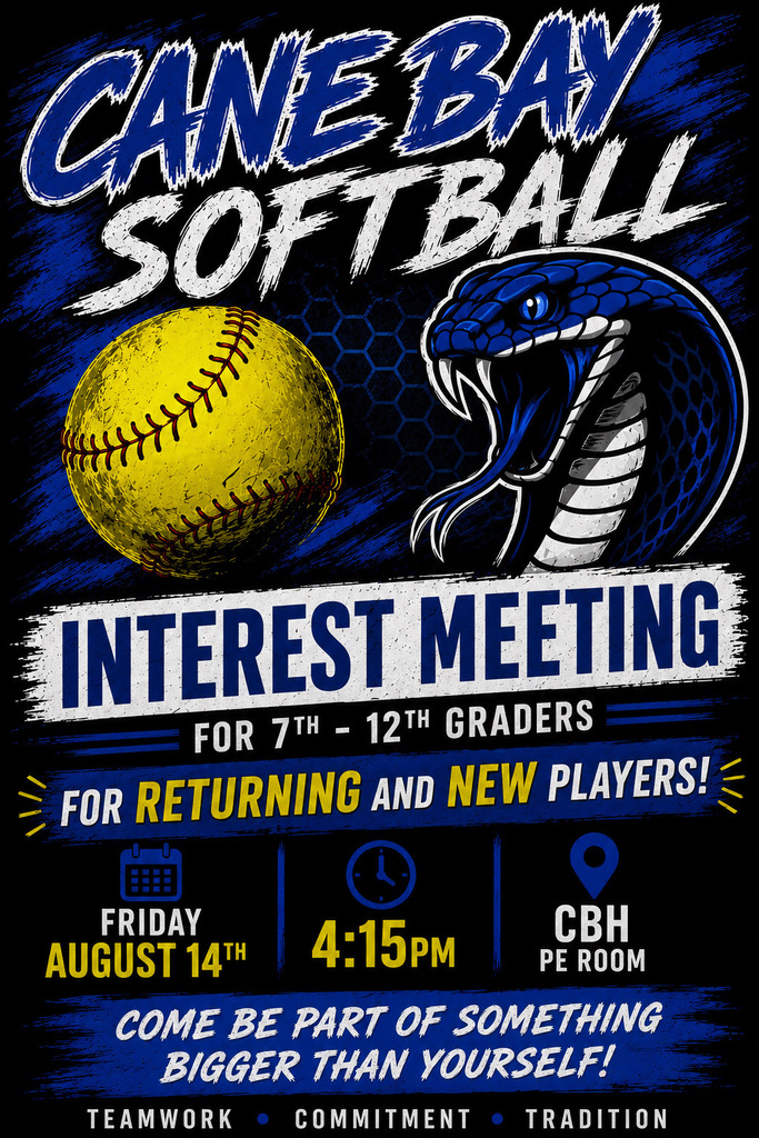 Poster with blue and black colors featuring a softball and a snake. The title reads "Cane Bay Softball Interest Meeting".