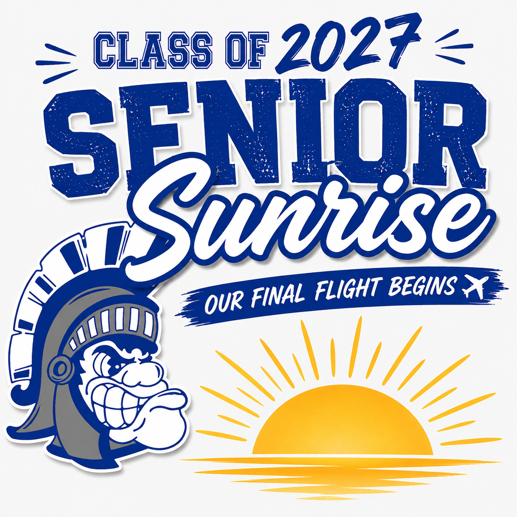 Design for Class of 2027 with a blue helmeted mascot, blue text, and a yellow sun.