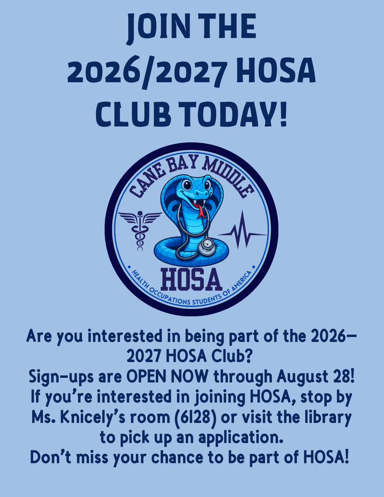 Blue background. "Join the 2026/2027 HOSA Club Today!" Circular logo with a blue cobra, medical symbol, and heartbeat line.