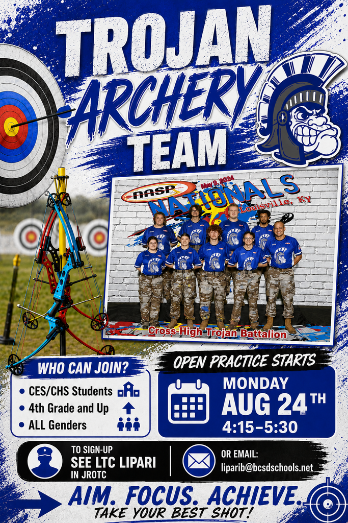 Flyer for Trojan Archery Team with team photo, details on eligibility, and sign-up information for August 24th, 4:15-5:30 PM.