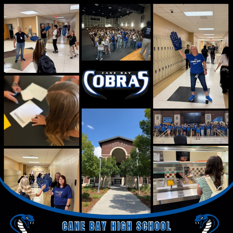 Collage celebrating Cane Bay High School’s first three days of school, featuring students, staffulty, High Five Friday, and campus activities.