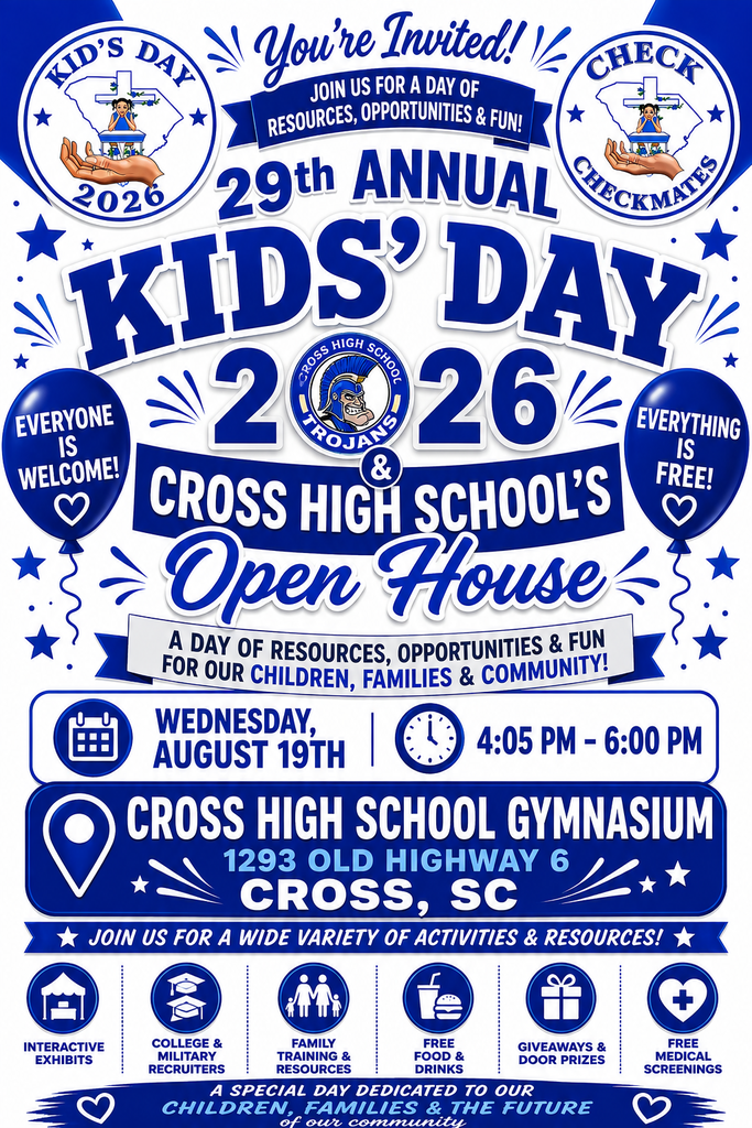A blue, white, and black poster for Kids' Day 2026 at Cross High School. It includes date, time, and location.
