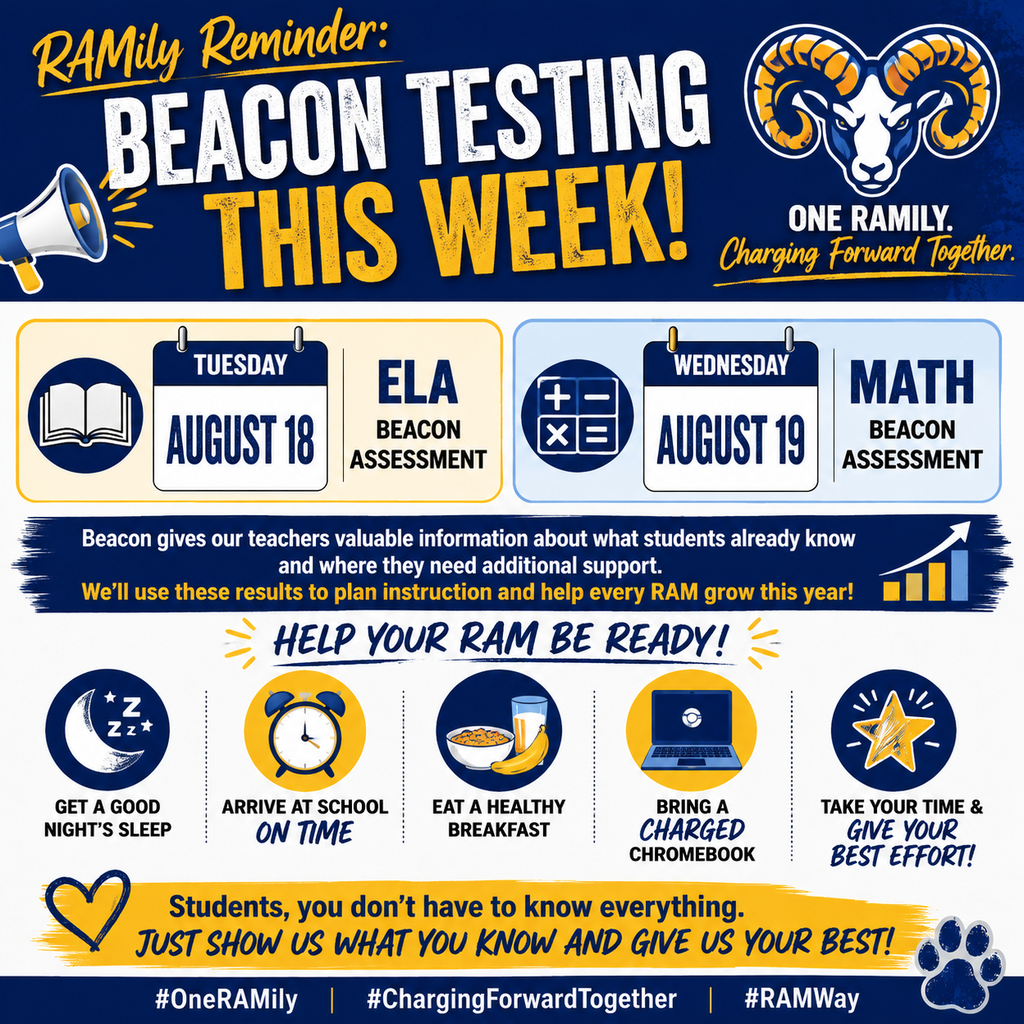 A flyer announcing that DRC Beacon Testing will take place on Tuesday and Wednesday. Tuesday August 18 will be the ELA test, and Wednesday, August 19 will be the Math test. 