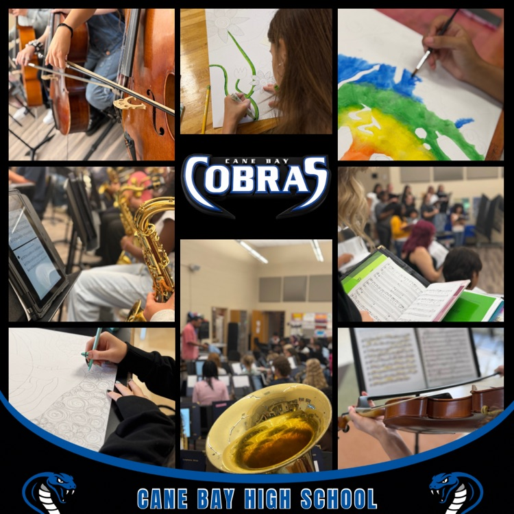 Collage of Cane Bay students participating in Orchestra, Band, Choir, and Visual Arts classes.