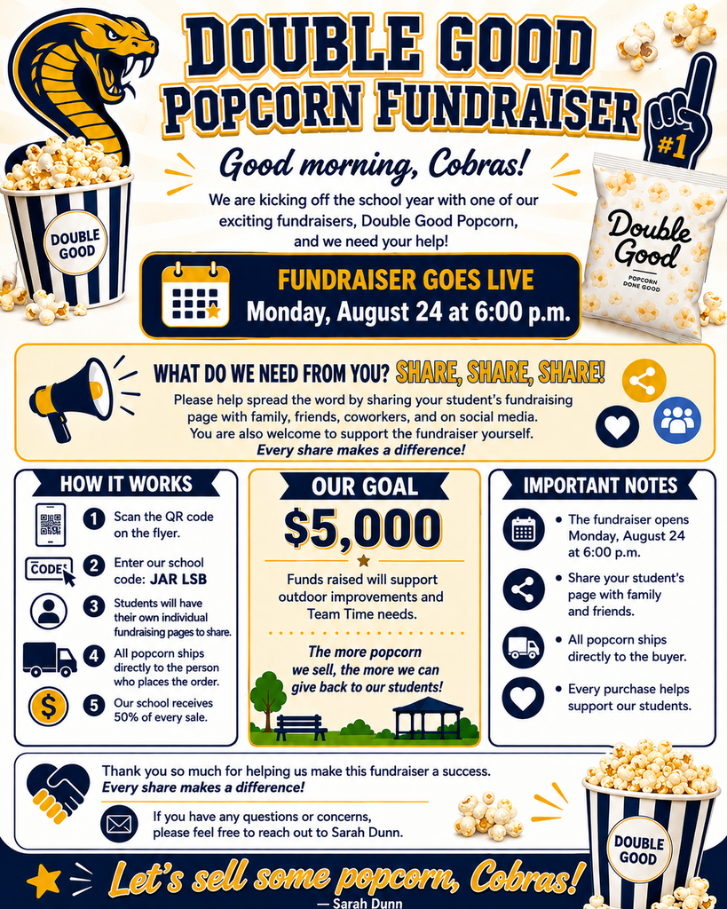 A poster with sections explaining a popcorn fundraiser. Sections include "What Do We Need From You?", "Our Goal", and "How It Works."