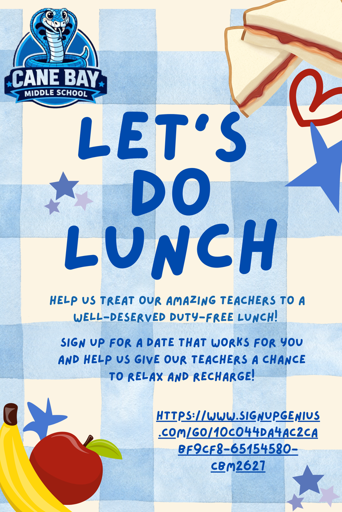 A poster shows blue, white, and black text on a blue and white checkered background. It reads "Let's Do Lunch" with a banana, apple, and sandwich.