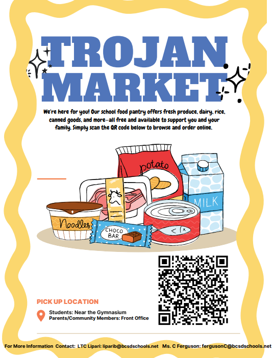 An advertisement for Trojan Market with products like canned goods, dairy, and snacks. QR code and text for pickup location.