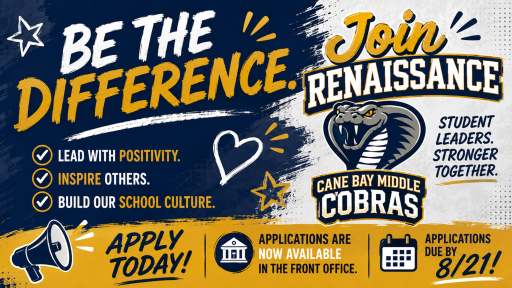 Poster with a snake logo, "Be the Difference" in bold, and "Join Renaissance" below. Icons of a heart, star, and megaphone.