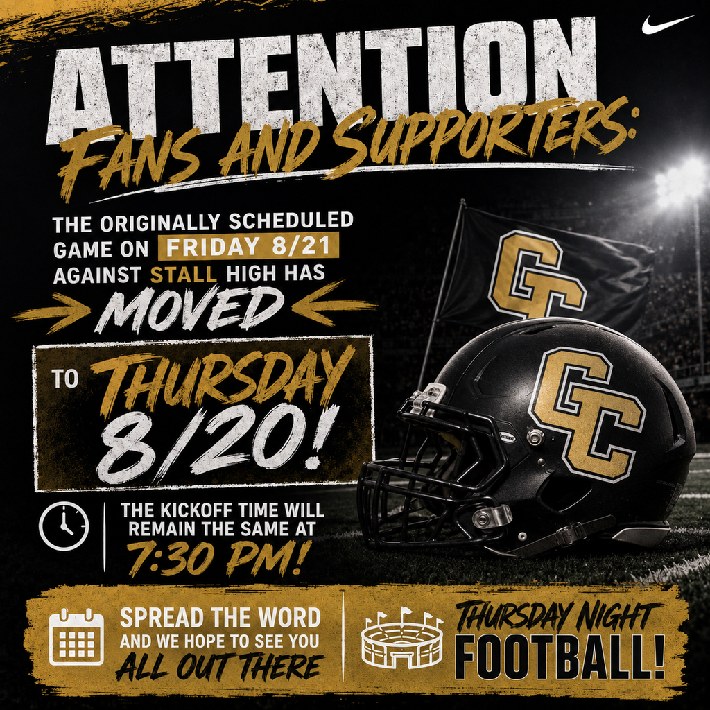 🚨 GAME DAY UPDATE, GATORS! 🚨  The originally scheduled game against Stall High School has been MOVED to THURSDAY, August 20! 🏈  🗓️ Thursday, August 20 ⏰ Kickoff: 7:30 PM 📍 Gator Stadium  Same opponent. Same kickoff time. Just one day earlier!  Gator Nation, help us spread the word and come out to pack the stands! 🖤💛  THURSDAY NIGHT FOOTBALL! LET’S GO, GATORS! 🐊🏈  #GatorNation #GoGators #ThursdayNightFootball #GCHS #GatorFootball