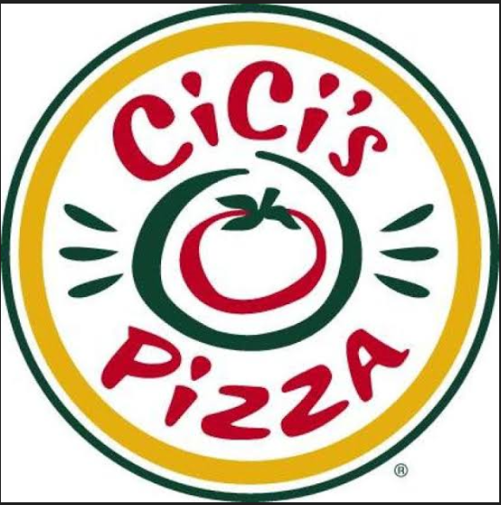 Circular logo for Cici's Pizza, featuring the name in red with a tomato in the center. The logo has green leaves around the edge.