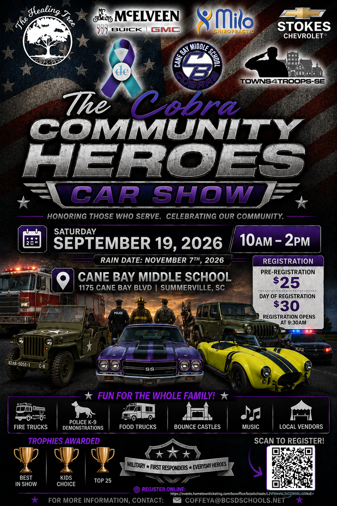 A poster for the Cobra Community Heroes Car Show on September 19, 2026, at Cane Bay Middle School. Features cars, QR codes, and event details.