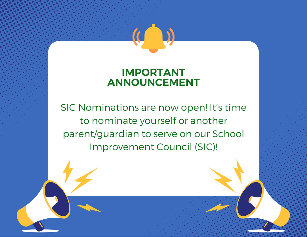 A blue background with a white banner. Text reads "Important Announcement" and "SIC Nominations are now open". Two megaphones with lightning bolts and a bell icon.