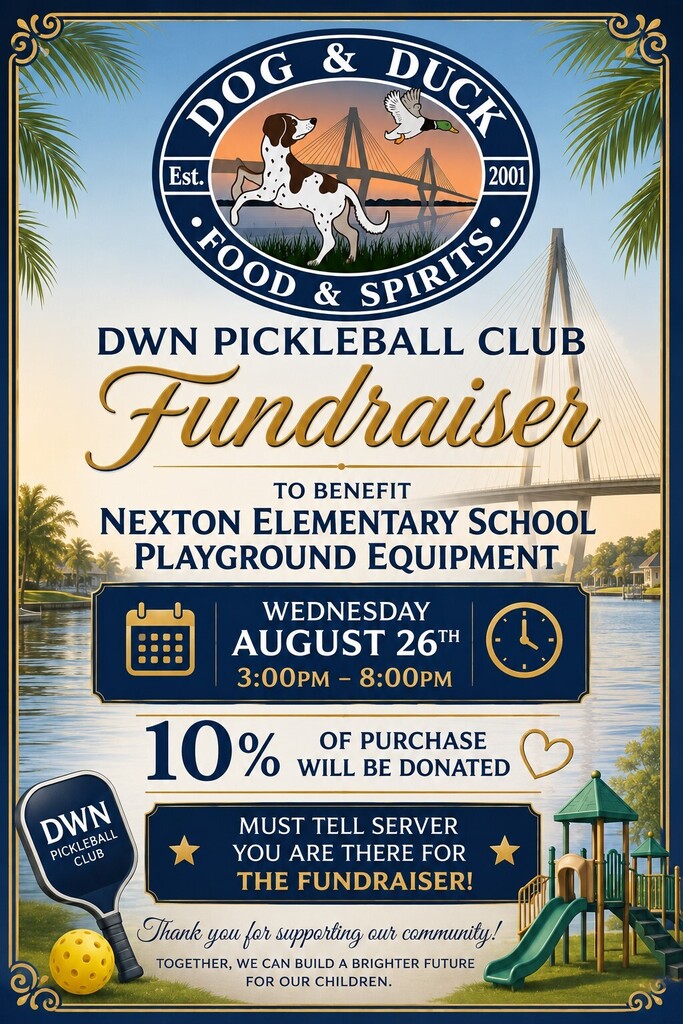 An event flyer for a fundraiser for Nexton Elementary School, featuring a bridge, playground, and text.