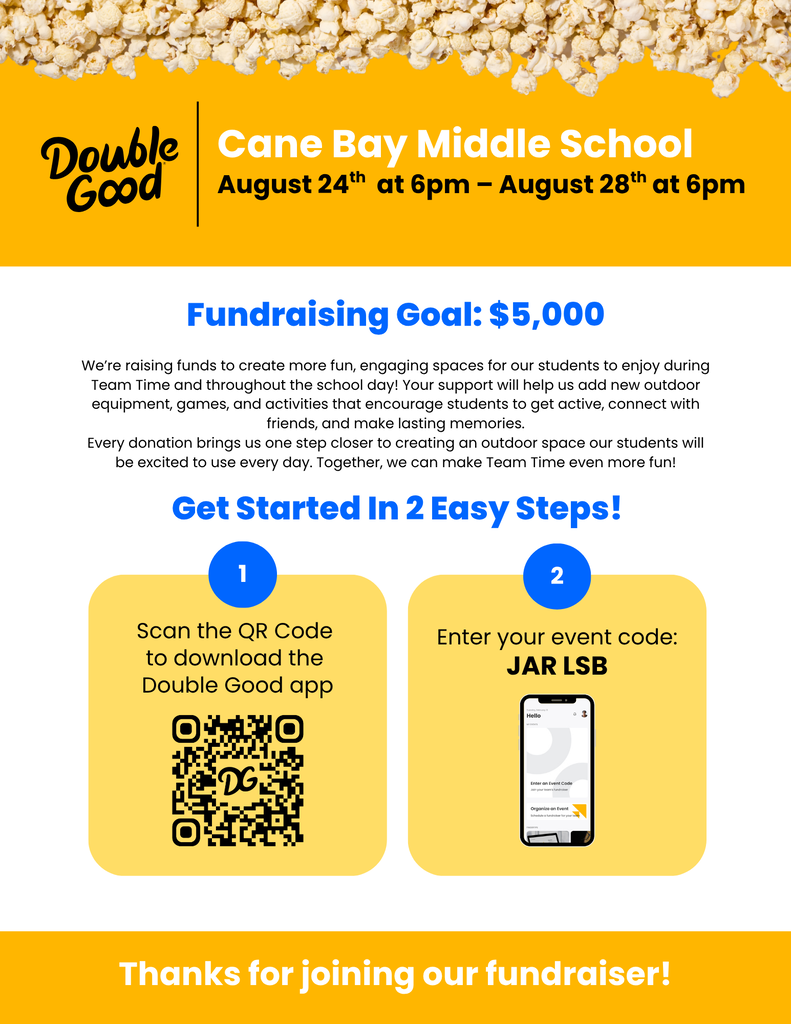 A poster promoting Double Good fundraising event at Cane Bay Middle School. It includes QR code, event code, and a mobile phone icon.