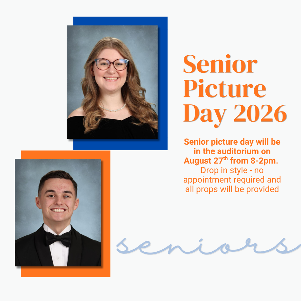 A poster shows a woman and a man in black and white. Text reads "Senior Picture Day 2026".