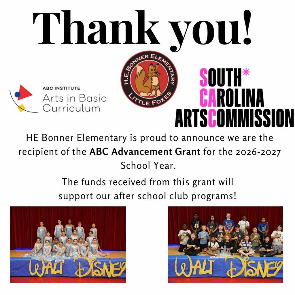 An announcement for HE Bonner Elementary School receiving the ABC Advancement Grant, with logos and pictures of children.