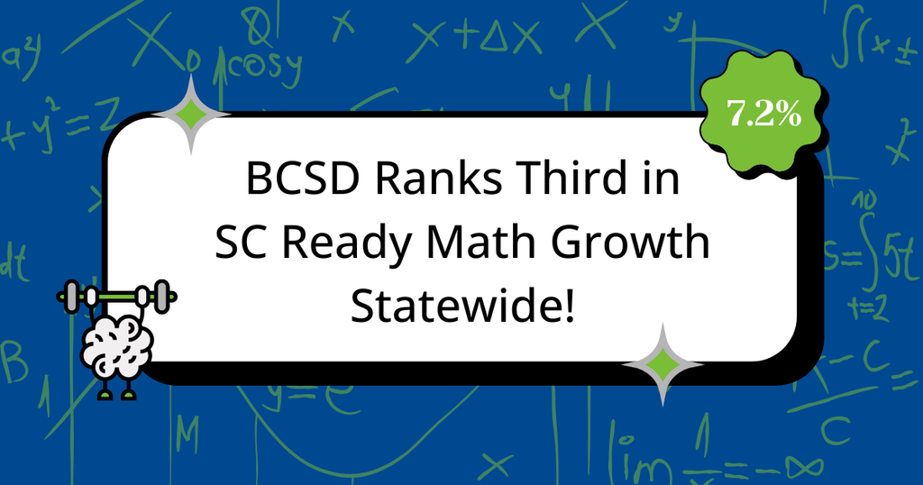 A blue background with math equations. Text reads "BCSD Ranks Third in SC Ready Math Growth Statewide!" with a 7.2% graphic.
