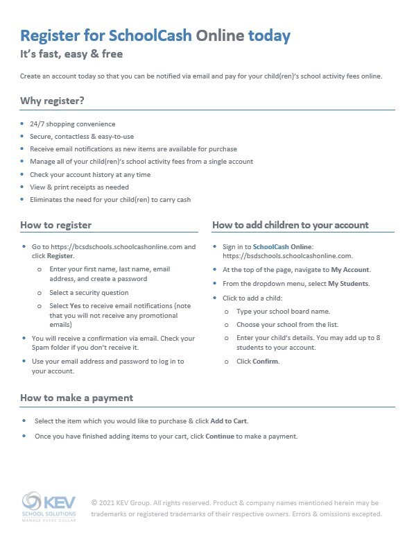 Document displays three main sections: "How to register", "How to add children to your account", "How to make a payment". Each section lists steps.