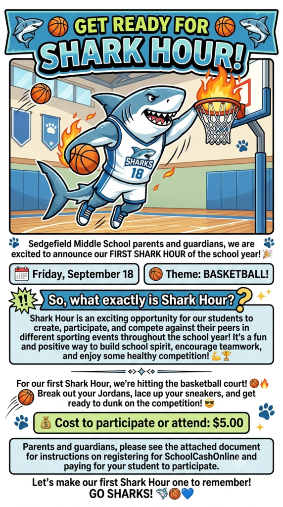 An illustrated poster promoting Sedgefield Middle School's Shark Hour event. A basketball player shark dunks a ball with fire. The poster reads "Get Ready for Shark Hour!" and "Theme: BASKETBALL!"