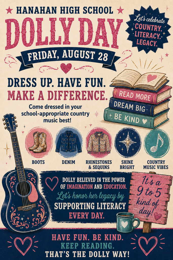 A promotional poster with guitar, boots, denim, rhinestones, stars, and books. Text reads "DOLLY DAY" and "Dress Up. Have Fun. Make a Difference."