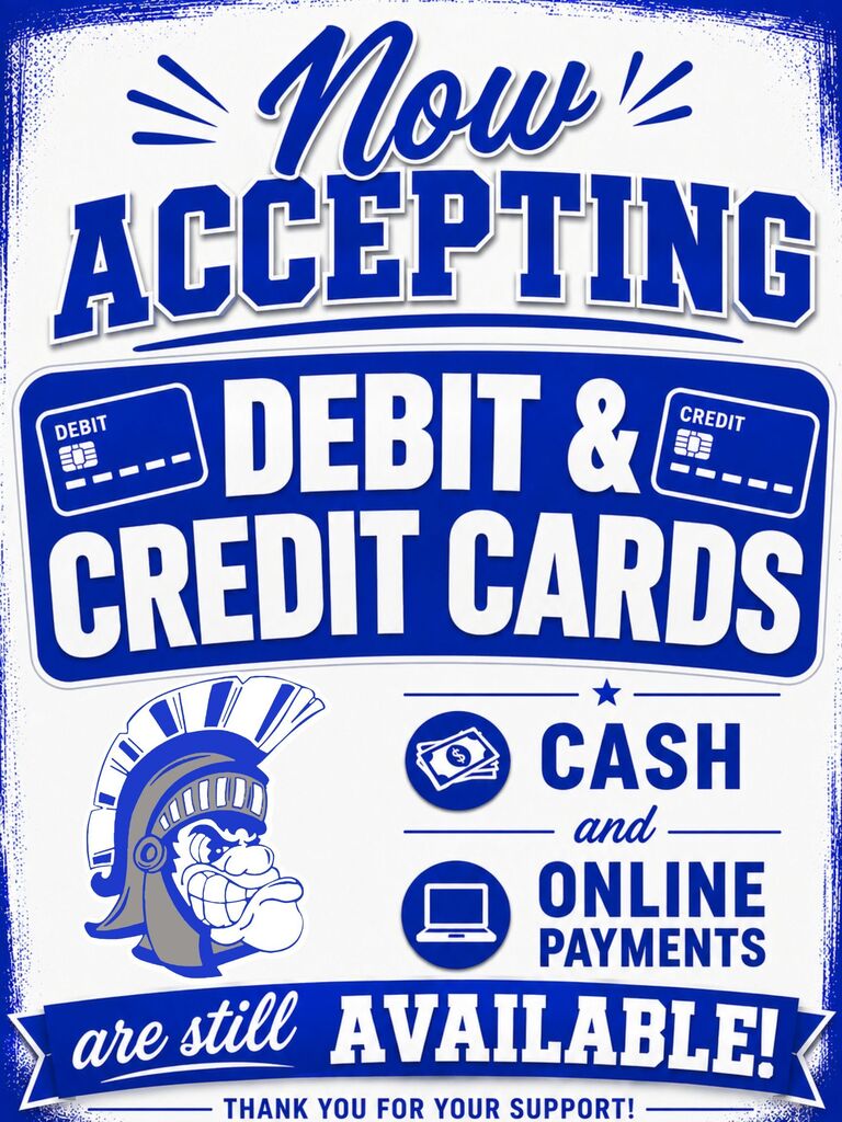 Blue and white poster with a mascot. Text reads, "Now accepting Debit & Credit Cards." Other payment options include cash, online payments.