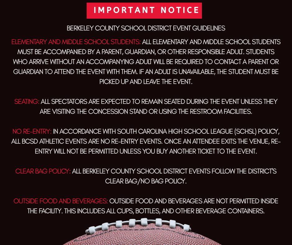 Document with red text on black background. It lists school event guidelines, including no re-entry after leaving.
