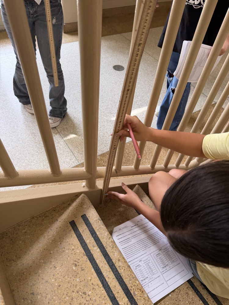 Students in Mrs. Duncan’s AP Physics class measure drop heights and conduct a free-fall experiment.