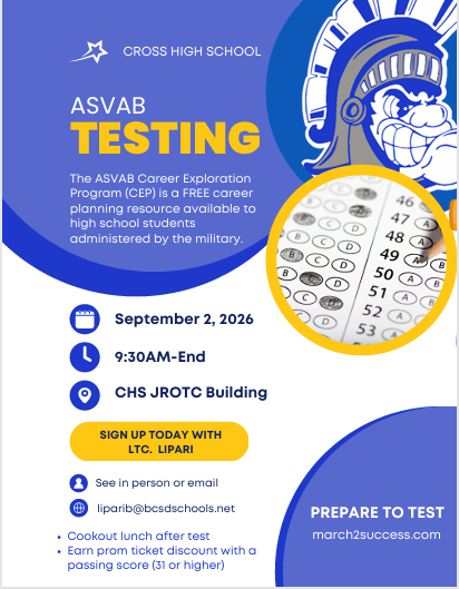 A flyer for Cross High School ASVAB Testing, featuring details on date, time, location, and contact information.