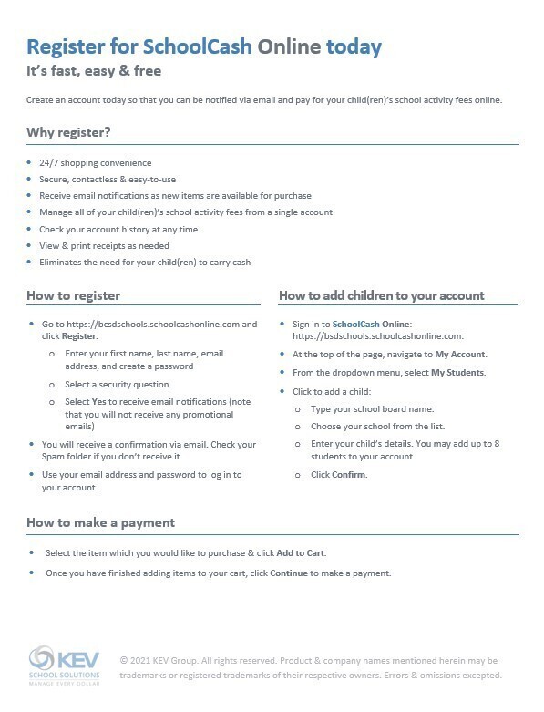 Document displays three main sections: "How to register", "How to add children to your account", "How to make a payment". Each section lists steps.