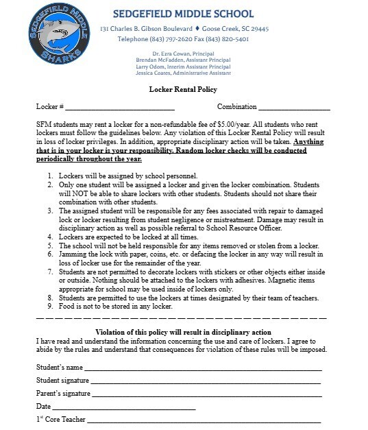 White page with a blue border, "Sedgefield Middle School" at top, "Locker Rental Policy" heading, followed by policy details in black text.