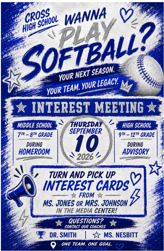 A blue poster features a softball and text about an interest meeting for a softball team. It includes meeting details and contact information.