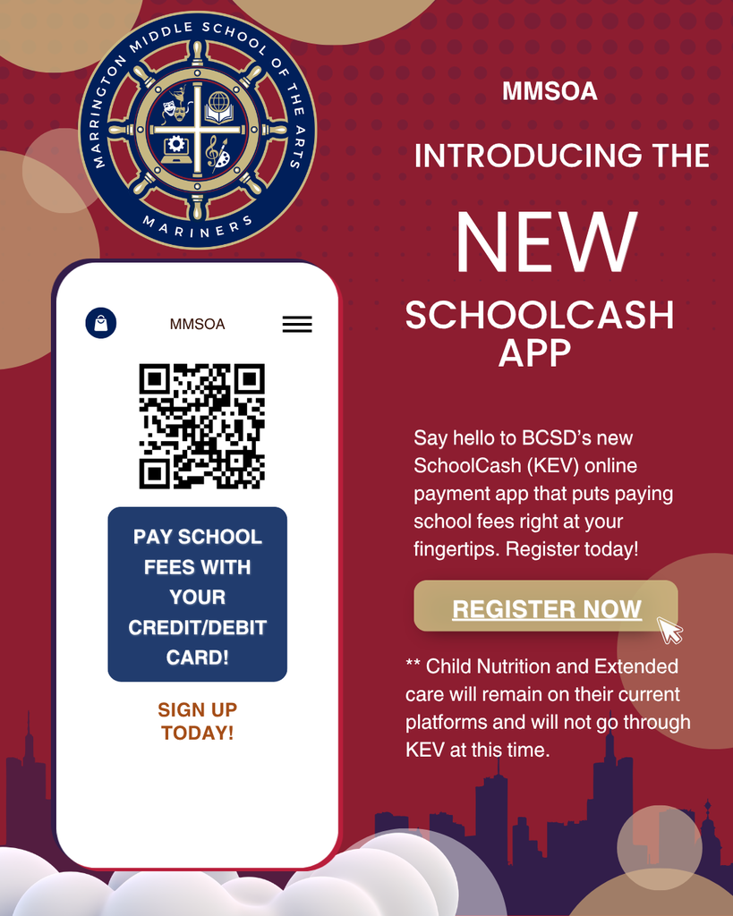 A smartphone displays an app for the MMSOA SchoolCash (KEV) app. It features a blue button with "PAY SCHOOL FEES WITH YOUR CREDIT/DEBIT CARD!" and a QR code.