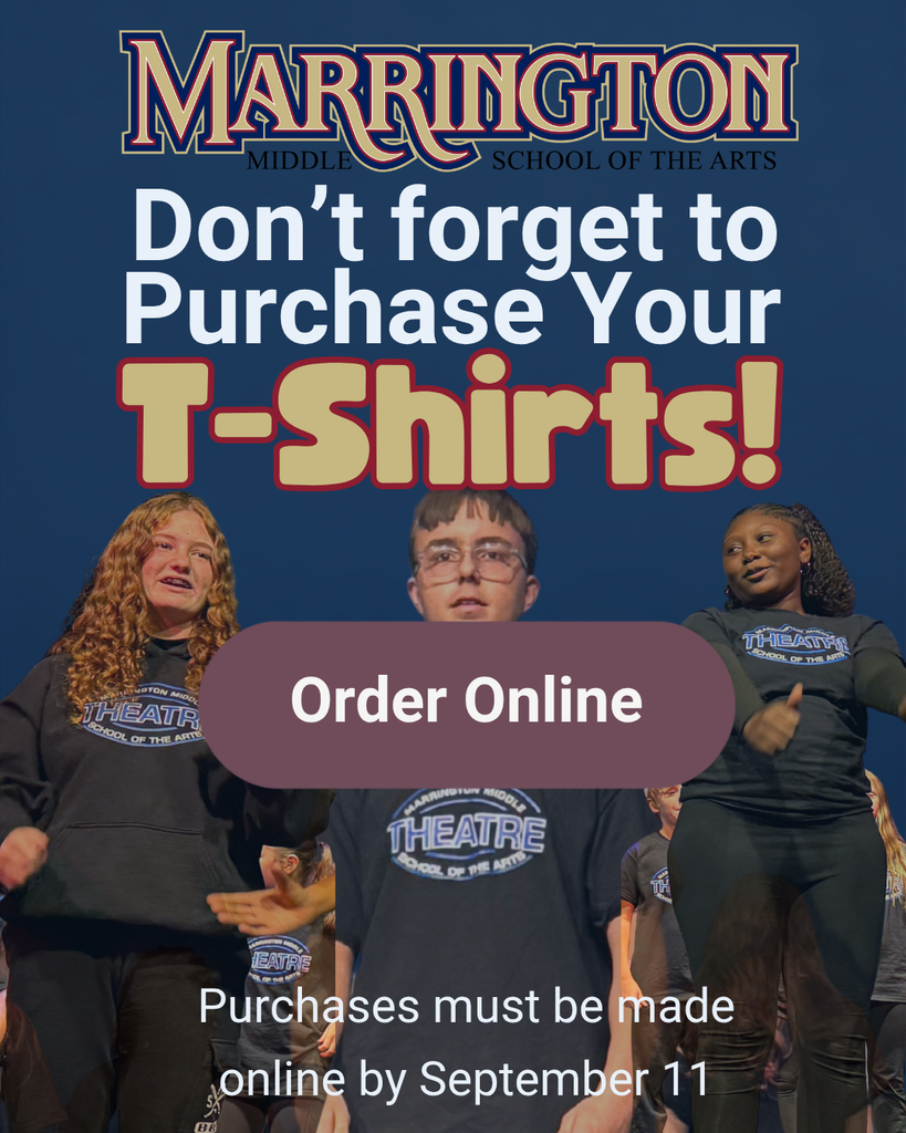Advertisement for the Marringon Middle School of the Arts. Three students in the foreground with a purchase deadline of September 11.
