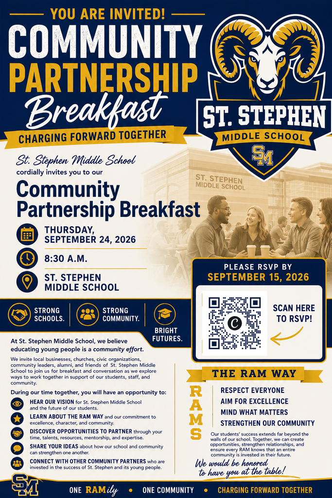 A poster with a black and white background advertises a community partnership breakfast at St. Stephen Middle School. It includes a logo, QR code, and a group of people at a table.