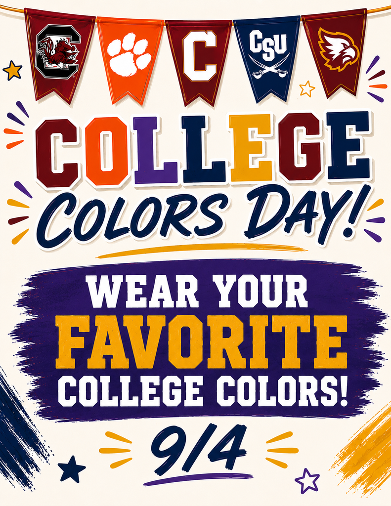 An announcement encourages people to wear their favorite college colors. Logos and banners representing various colleges appear in the center.