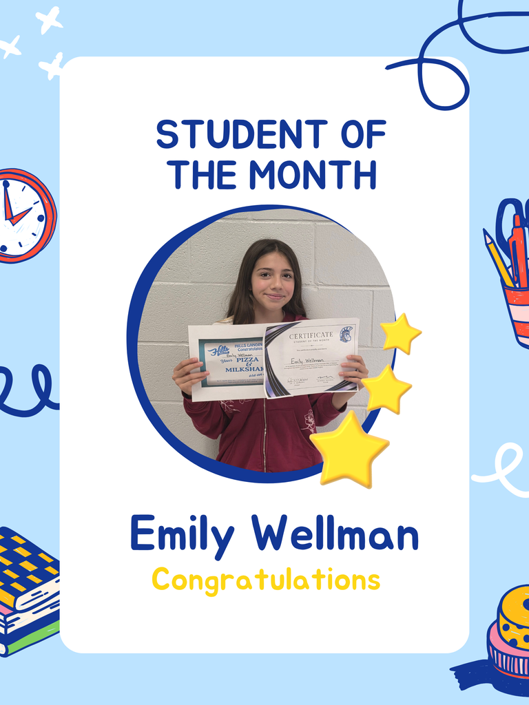 A blue background with stars and pencils. A smiling girl holds a certificate. Words: Student of the Month, Emily Wellman, Congratulations.